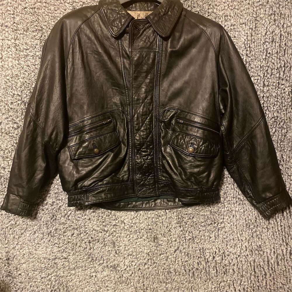 Men's XL Vintage Brown Leather Bomber Jacket Russia historical symbol